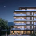 Modern Multi Story Apartment Building With Green Lawn Trees And Outdoor Lounge Chairs