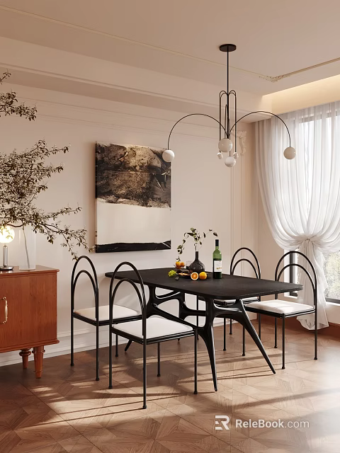 Cozy Stylish Dining Room With Black Dining Table Elegant Metal Chairs And Abstract Wall Art 3d model 