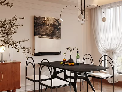 Cozy Stylish Dining Room With Black Dining Table Elegant Metal Chairs And Abstract Wall Art 3d model