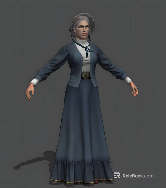Woman In Blue Long Dress And Coat With Arms Outstretched On Gray Background 3d model 