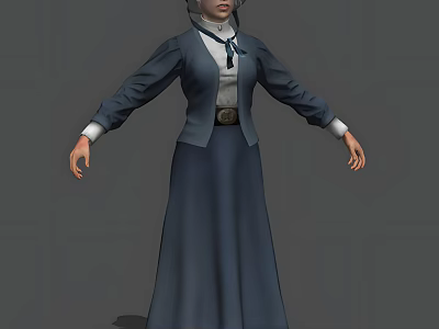 Woman In Blue Long Dress And Coat With Arms Outstretched On Gray Background 3d model
