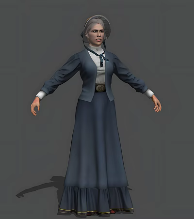 Woman In Blue Long Dress And Coat With Arms Outstretched On Gray Background 3d model