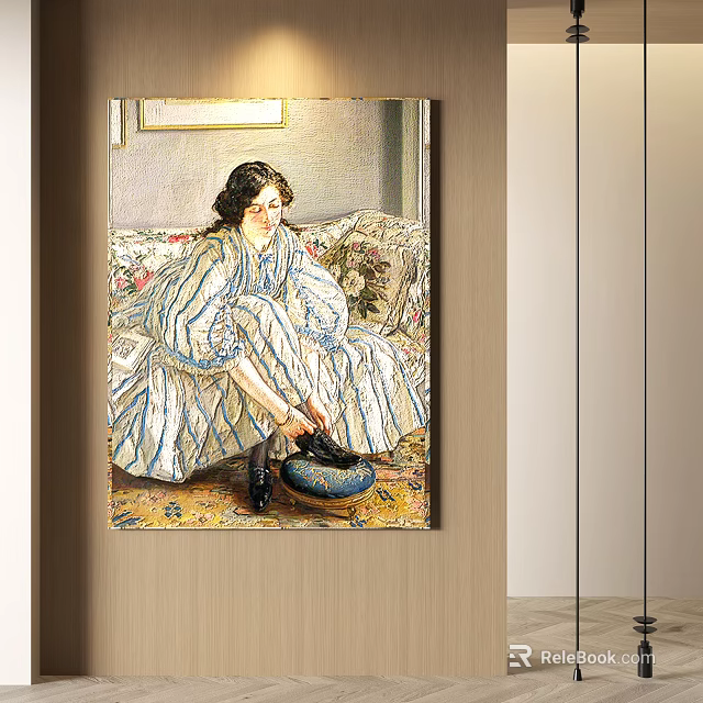 Portrait Painting of a Woman in Striped Dress Sitting on Sofa Tying Shoelaces Wall Art 3d model 