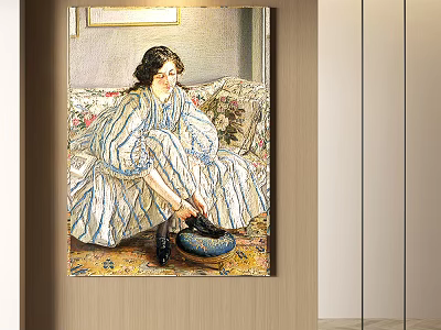 Portrait Painting of a Woman in Striped Dress Sitting on Sofa Tying Shoelaces Wall Art 3d model