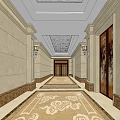 Luxurious Elevator Hallway Interior With Decorative Ceiling Wall Sconces And Framed Paintings 3d model