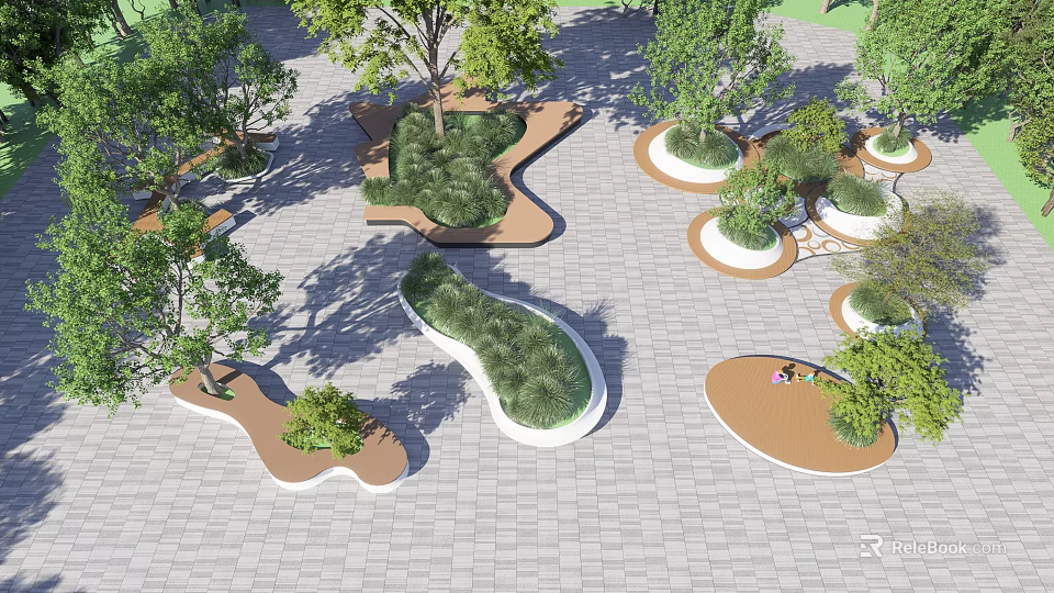 Modern Irregular Tree Planters Design In Urban Square With Shade Trees And Greenery 3d model 