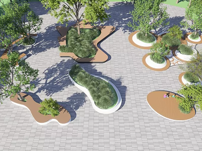 Modern Irregular Tree Planters Design In Urban Square With Shade Trees And Greenery 3d model
