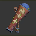 Red Decorative Prosthetic Leg With Blue Top Green Circles And Yellow Arcs Rope Wrapping
