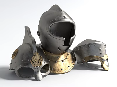 Medieval Metal Armor Helmet And Pieces With Gold Accents Details Design 3d model