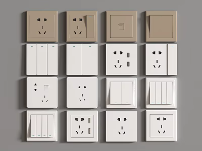 Various Switch Panels with Different Colors and Socket Designs Neatly Arranged 3d model