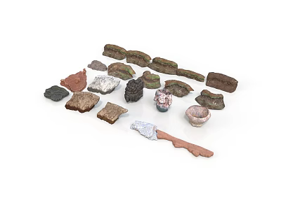 Wood And Stone Pieces With Various Colors Different Shapes And Crafting Tool 3d model