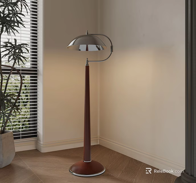 Floor Lamp With Metal Lampshade And Wooden Post By Window With Green Plant And Blinds 3d model 