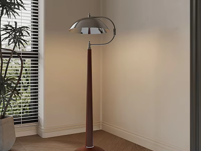 Floor Lamp With Metal Lampshade And Wooden Post By Window With Green Plant And Blinds 3d model