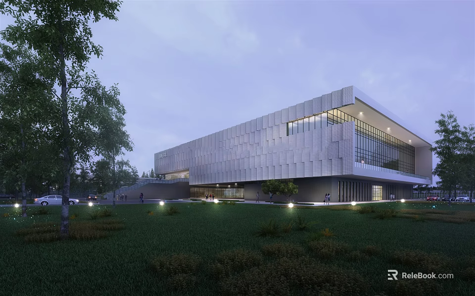 Contemporary Building Exterior Featuring Geometric Facade Large Glass Windows Lawn Trees And Evening Lighting 3d model 