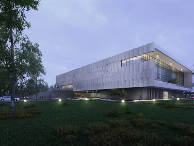 Contemporary Building Exterior Featuring Geometric Facade Large Glass Windows Lawn Trees And Evening Lighting 3d model