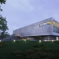 Contemporary Building Exterior Featuring Geometric Facade Large Glass Windows Lawn Trees And Evening Lighting