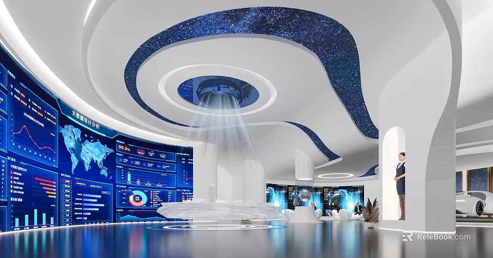 Hi Tech Modern Control Room Interior With Starry Sky Ceiling And Data Display Screens 3d model 