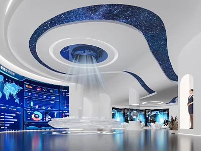 Hi Tech Modern Control Room Interior With Starry Sky Ceiling And Data Display Screens 3d model