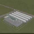 Industrial Factory Layout with Large White Buildings Surrounded by Green Trees and Road Access