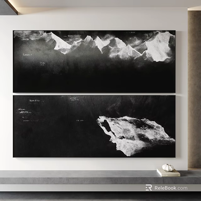 Black and White Mountain Rock Wall Art Canvas Decor For Modern Interior Hanging Two Panels 3d model 