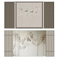 Chinese Style Sofa Background Wall With Landscape Birds And Grids 3d model