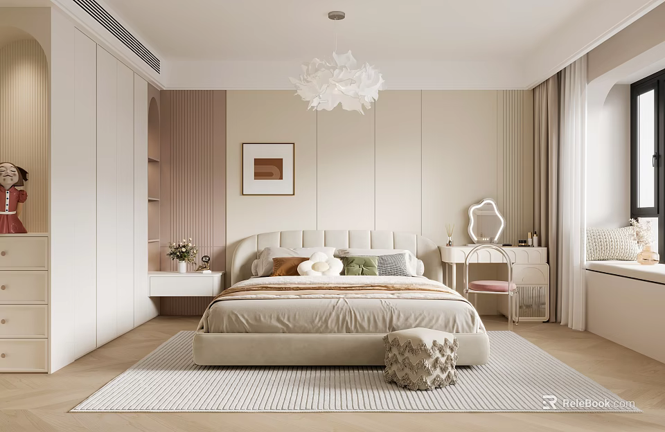 Cozy Modern Bedroom Interior Design With Upholstered Bed Petal Chandelier Striped Rug And Dressing Table 3d model 