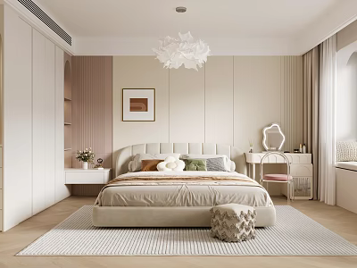 Cozy Modern Bedroom Interior Design With Upholstered Bed Petal Chandelier Striped Rug And Dressing Table 3d model