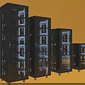 Four Black Computer Server Racks With Transparent Doors Internal Equipment And Wheels On Yellow Background