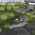 Natural Stone Entrance Gate Surrounded By Green Grass And Stone Path