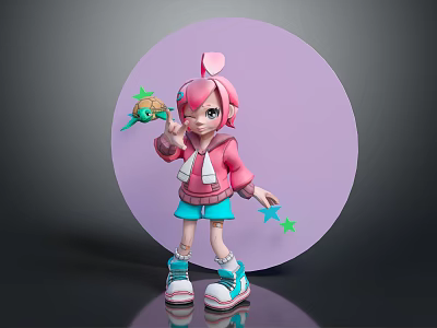 Pink Haired Cartoon Character With Cute Green Bird And Star Decorations 3d model