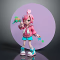 Pink Haired Cartoon Character With Cute Green Bird And Star Decorations