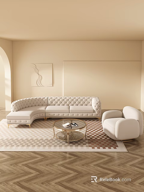 Tufted Beige L Shaped Sofa Coffee Table Set With Glass Top Gold Legs Geometric Rug 3d model 