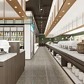 Modern Restaurant Interior With Long Aisle Marble Countertops And Tableware 3d model