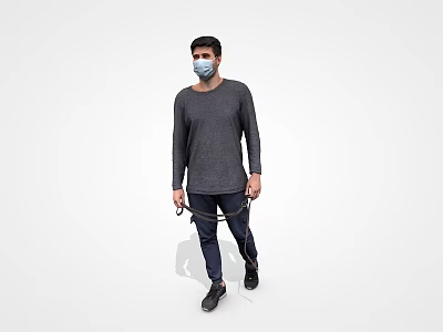 Man Wearing Mask In Gray Long Sleeve Shirt Dark Blue Pants And Black Shoes Walking 3d model