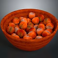 Natural Wooden Bowl Filled With Fresh Brown Chestnuts On Dark Surface