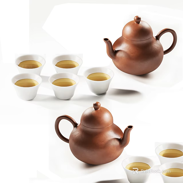 Traditional Brown Ceramic Teapot With White Teacups Containing Yellow Tea on Clean White Background 3d model 