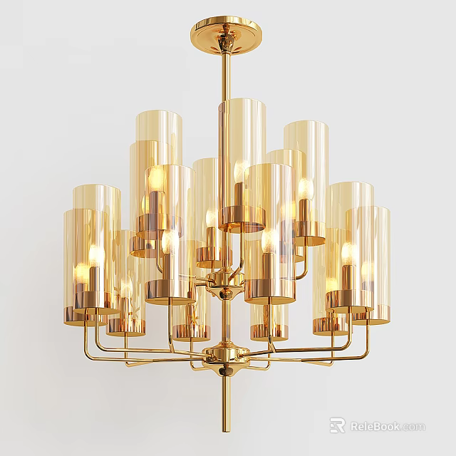 Elegant Modern Chandelier with Golden Metal Frame Transparent Glass Shades and Illuminated Bulbs 3d model 