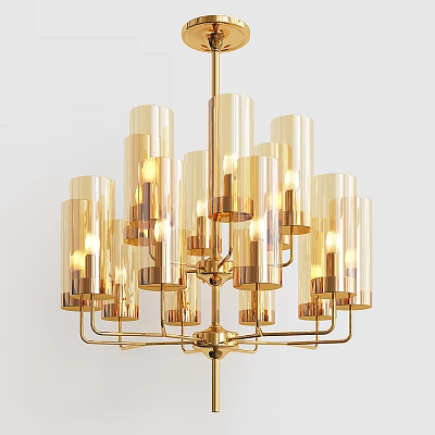 Elegant Modern Chandelier with Golden Metal Frame Transparent Glass Shades and Illuminated Bulbs 3d model
