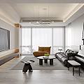 Modern Living Dining Room With Black Sofa Round Coffee Table Piano And Ring Pendant Lights
