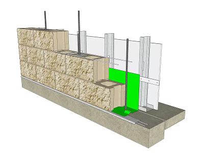 Masonry Wall Structure With Steel Bars And Concrete Foundation Components 3d model