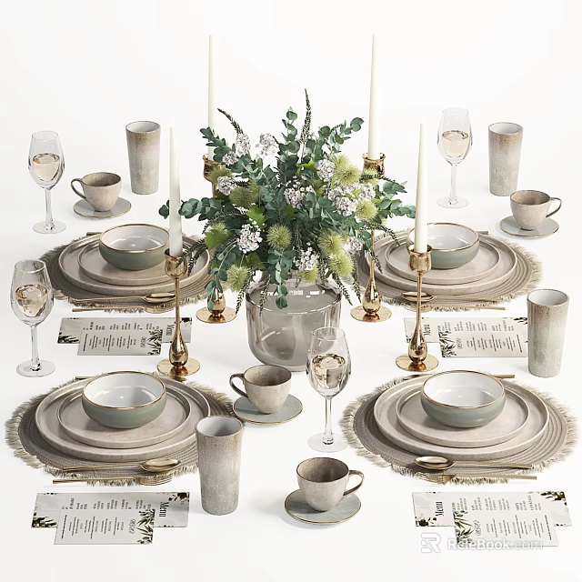 Elegant Tableware Set With Ceramic Plates Tea Cups Wine Glasses Candles And Flower Bouquet 3d model 