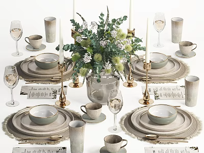Elegant Tableware Set With Ceramic Plates Tea Cups Wine Glasses Candles And Flower Bouquet 3d model