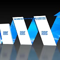 White and Blue Display Boards With Stepped Arrangement Geometric Design And New Era Pattern Text