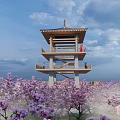Scenic Multi Level Roadside Facility With Wooden Observation Deck Cherry Blossoms And Sea View