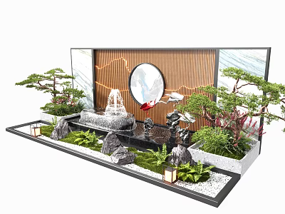 Elegant Landscape Wall With Wooden Backdrop Round Mirror Fountain Pine Trees And Stone Decorations 3d model