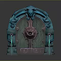 Intricate Fantasy Entrance Gate With Green Pink Carved Artwork And Ram Head Top Decor