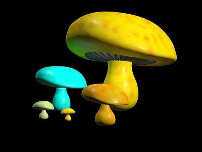 Cartoon Scene Featuring Colorful Mushrooms In Different Sizes And Bright Hues 3d model