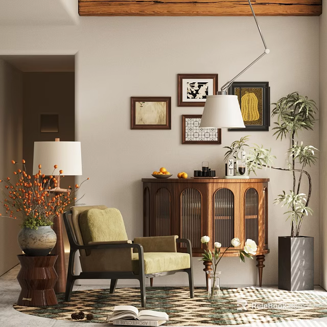 Cozy Beige Lounge Chair In Living Room With Walnut Cabinet Framed Artworks And Floor Lamp 3d model 