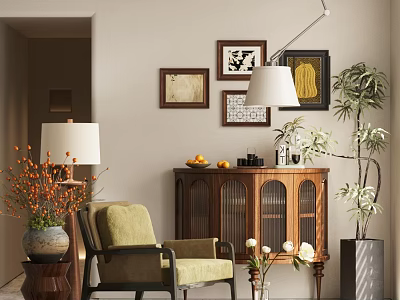 Cozy Beige Lounge Chair In Living Room With Walnut Cabinet Framed Artworks And Floor Lamp 3d model