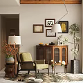 Cozy Beige Lounge Chair In Living Room With Walnut Cabinet Framed Artworks And Floor Lamp
